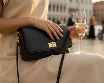 Personalised Black Leather Bag,  Brown Leather Purse - Athena
