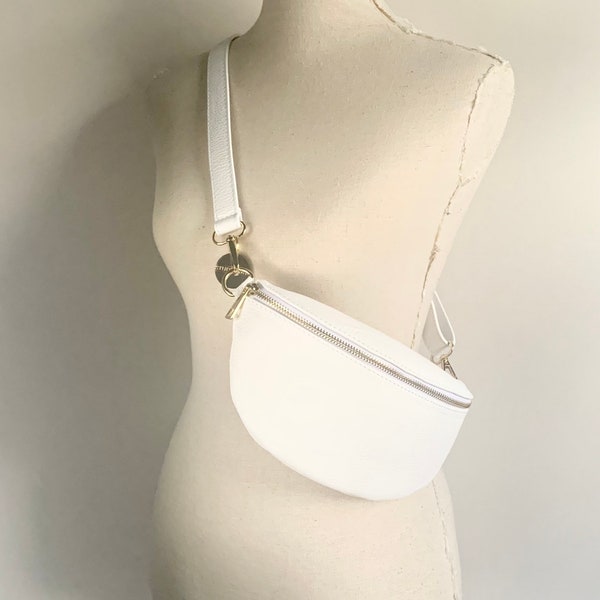 White Leather Waist Bag, Fanny Pack, Bum Bag, Close to Body Bag, Small Leather Bag, Festival Bag, Women's Leather Bum Bag