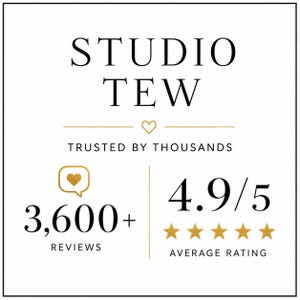 May include: A white graphic sign with black text reading STUDIO TEW, followed by the phrase TRUSTED BY THOUSANDS. Below, it displays 3,600+ REVIEWS with a gold heart icon and a 4.9/5 AVERAGE RATING accompanied by five gold stars in a row.