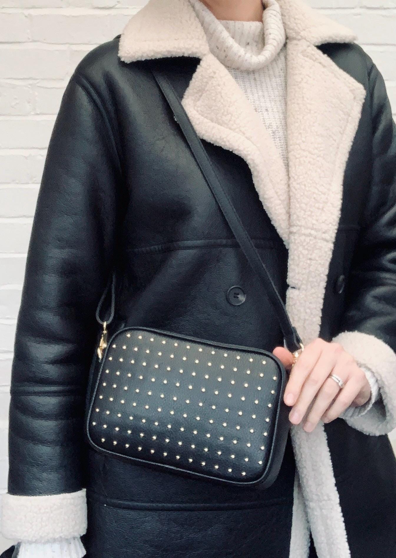Large Black Leather Studded Crossbody Bag With Strap, Gothic