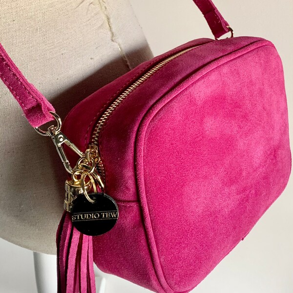 Fuchsia Suede Crossbody Bag, Pink Suede Bag, Camera Bag, Tassel Bag, Wedding Bag, Suede Tassel Bag, Night Out Bag, Pink Bag