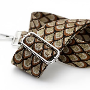 Feather Print Canvas Bag Strap: Brown, Bronze & Gold, Adjustable Replacement Strap