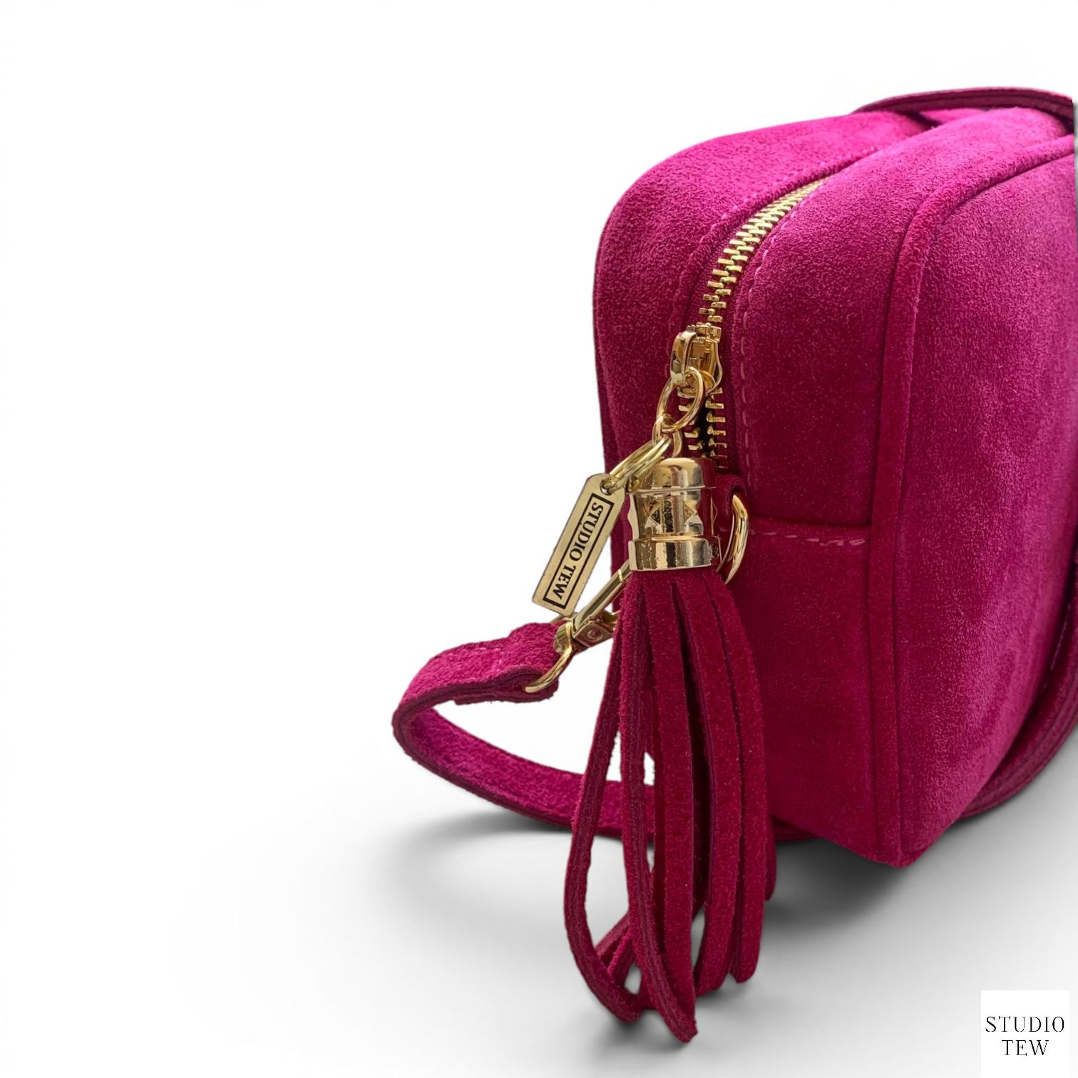 Personalised Fuchsia Suede Crossbody Bag: Pink Tassel Camera Bag