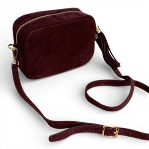 May include: A burgundy suede crossbody bag with a rectangular shape. It has a gold zip, a long adjustable strap, and a decorative tassel. The bag features gold-coloured hardware, including the buckle and strap attachments.