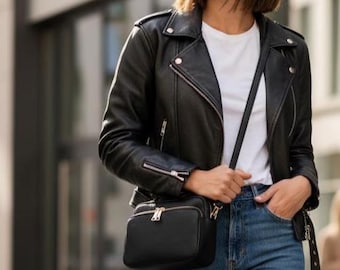 Black Italian Leather Crossbody Bag, Camera Bag, Adjustable Strap