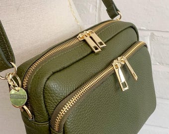 Olive Green Leather Crossbody Bag, Green Leather Camera Bag, 2 Compartment Bag, Leather Handbag, 3rd Anniversary Gift, Olive Bag