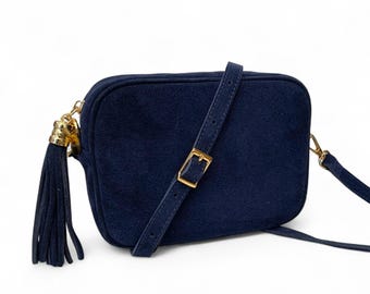 Navy Suede Crossbody Bag: Tassel Camera Bag - Jean Personalised Gift