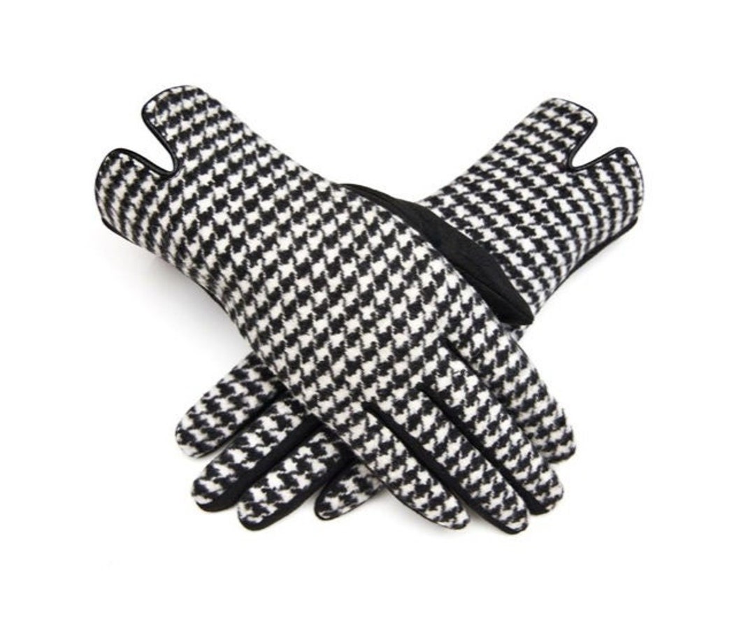 Ladies Dogtooth Gloves With Leather Trim Houndstooth Gloves Etsy