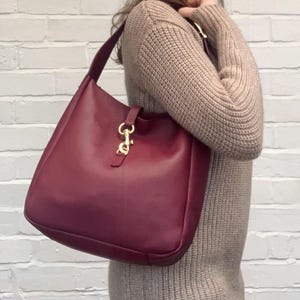 Sac à bandoulière en cuir rouge prune, sac à bandoulière élégant, sac à main en cuir