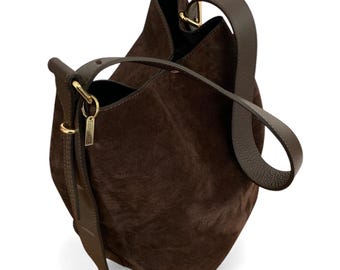 Dark Brown Suede Bucket Bag, Slouchy Suede Shoulder Bag - Clancy