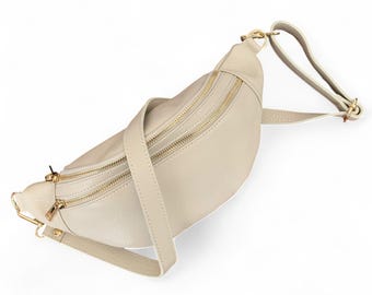 Riñonera personalizada de piel italiana beige, bolso de cintura hecho a mano con herrajes dorados - Cecilia