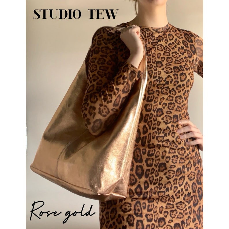 Metallic Leather Slouch Shoulder Bag, Silver Boho Bag, Rose Gold Bag, Gold Slouchy Bag, Shiny Bag, Metallic Bag, Unusual Gift image 2