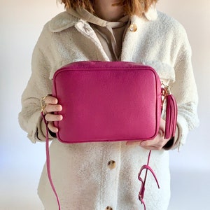 Fuchsia X Large Crossbody Bag, Large Camera Bag, Oversized Tassel Bag, Large Everyday Bag, Work Bag, Big Leather Handbag