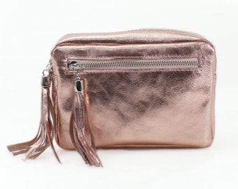 Mix & Match Bag en cuir métallisé or rose avec bandoulière, sac pour appareil photo, cadeau de demoiselle d'honneur, sac de demoiselle d'honneur, sac de mariage en cuir, sac lumineux