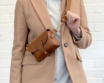 Tan Leather Body Bag, Tan Brown Close to Body Bag, Small Leather Bag, Festival Bag, Women's Leather Bum Bag, Wedding Bag