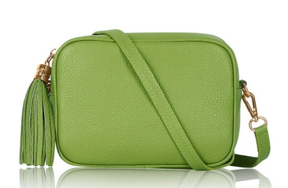 Lime Green Leather Crossbody Bag With Tassel & Strap Tassel 