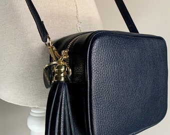 Navy Leather Crossbody Bag With Tassel & Strap, Tassel Bag, Bridesmaid Bag, Leather Handbag, 3rd Anniversary Gift