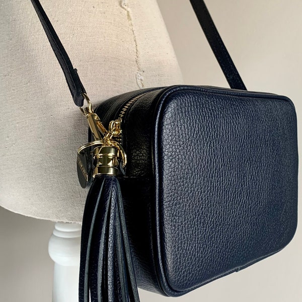 Navy Leather Crossbody Bag With Tassel & Strap, Tassel Bag, Bridesmaid Bag, Leather Handbag, 3rd Anniversary Gift