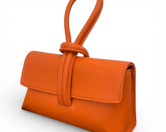 Personalised Orange Italian Leather Crossbody Bag: Handmade Clutch - Claris