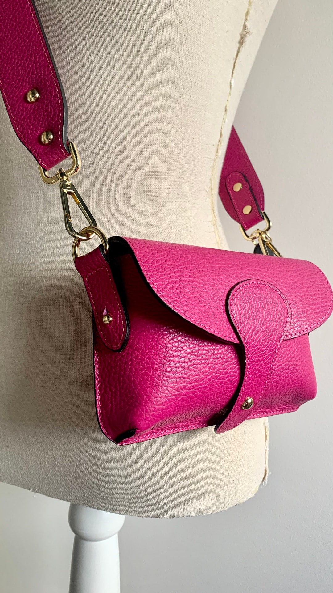 Fuchsia Leather Bag, Bright Pink Crossbody Bag, Small Pink Bag, Bright