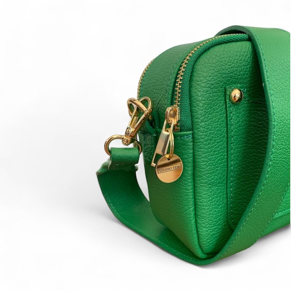 Green Leather Camera Bag, Crossbody for Women, Small Shoulder