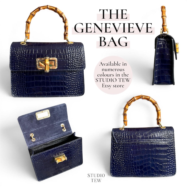 Puede incluir: Un bolso de mano azul marino con textura de cocodrilo, que presenta un asa superior de bamb&uacute; y un cierre giratorio dorado estilo bamb&uacute;. El bolso se muestra desde varios &aacute;ngulos, abierto y cerrado, con el texto THE GENEVIEVE BAG.