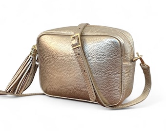 Gold Italian Leather Crossbody Bag with Tasse - Darcy - Free Personalisation