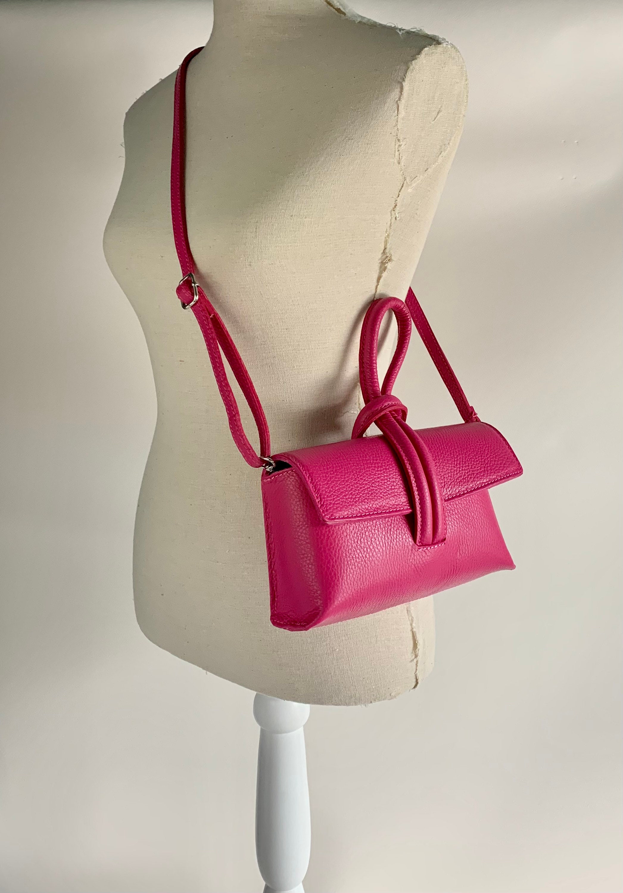 Fuchsia Leather Clutch Bag Crossbody Bag Pink Grab Bag 