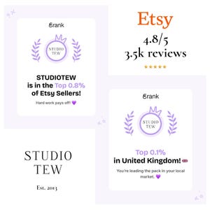 May include: Image featuring the Etsy shop Studio Tew, established in 2013. The image highlights Studio Tew's high ranking among Etsy sellers, with a 4.8/5 rating from 3.5k reviews. The shop is in the top 0.8% of Etsy sellers.