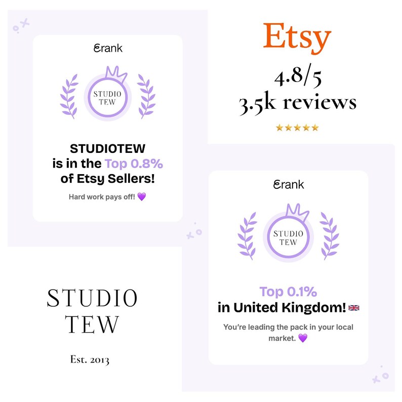 May include: Image featuring the Etsy shop Studio Tew, established in 2013. The image highlights Studio Tew's high ranking among Etsy sellers, with a 4.8/5 rating from 3.5k reviews. The shop is in the top 0.8% of Etsy sellers.
