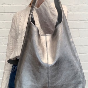 Metallic Leather Slouch Shoulder Bag, Silver Boho Bag, Rose Gold Bag, Gold Slouchy Bag, Shiny Bag, Metallic Bag, Unusual Gift Dark Silver