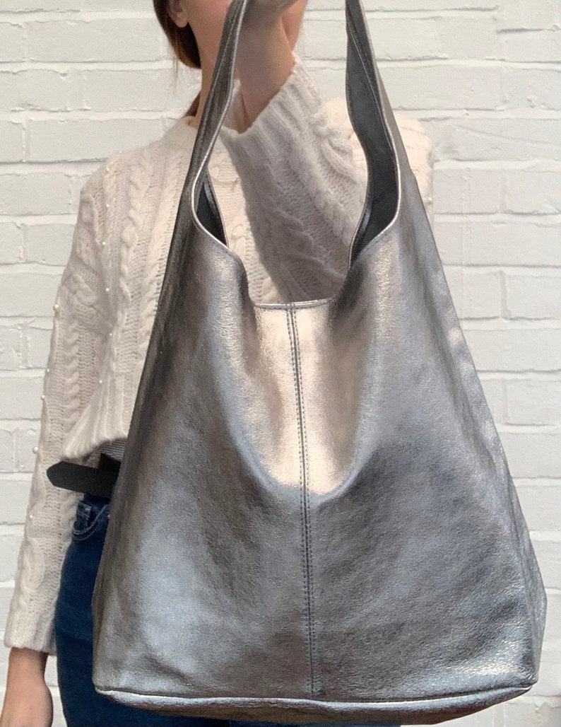 Metallic Leather Slouch Shoulder Bag, Silver Boho Bag, Rose Gold Bag, Gold Slouchy Bag, Shiny Bag, Metallic Bag, Unusual Gift image 9