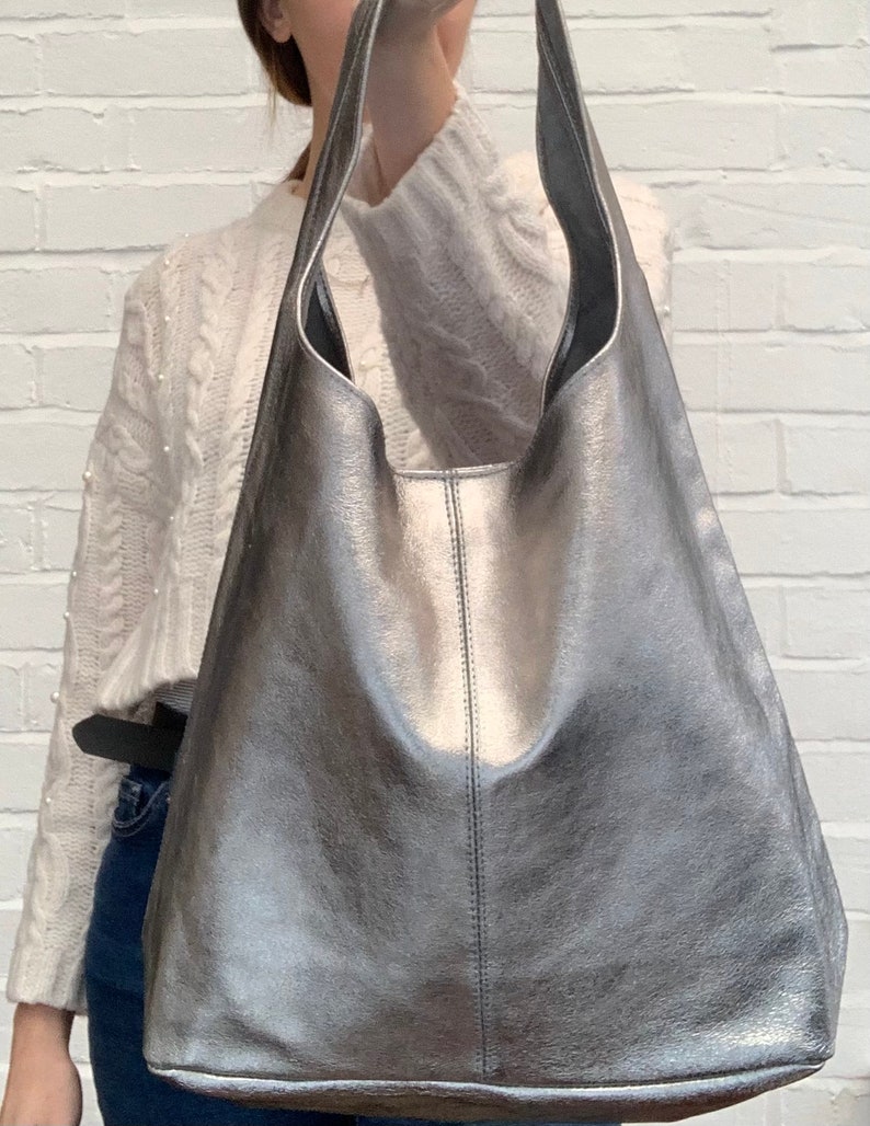 Metallic Leather Slouch Shoulder Bag, Silver Boho Bag, Rose Gold Bag, Gold Slouchy Bag, Shiny Bag, Metallic Bag, Unusual Gift Dark Silver