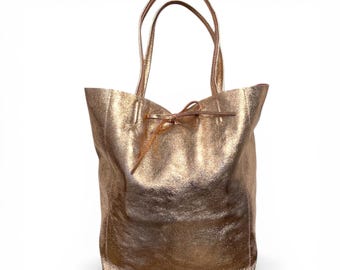 Rose Gold Leather Tote Bag: Handmade Italian Tote - Josie