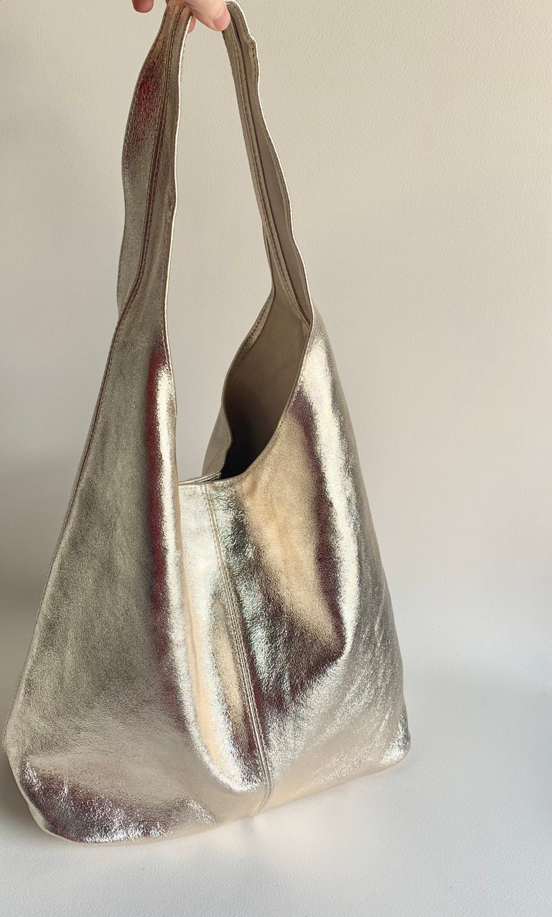 Metallic Leather Slouch Shoulder Bag, Silver Boho Bag, Rose Gold Bag, Gold Slouchy Bag, Shiny Bag, Metallic Bag, Unusual Gift image 7