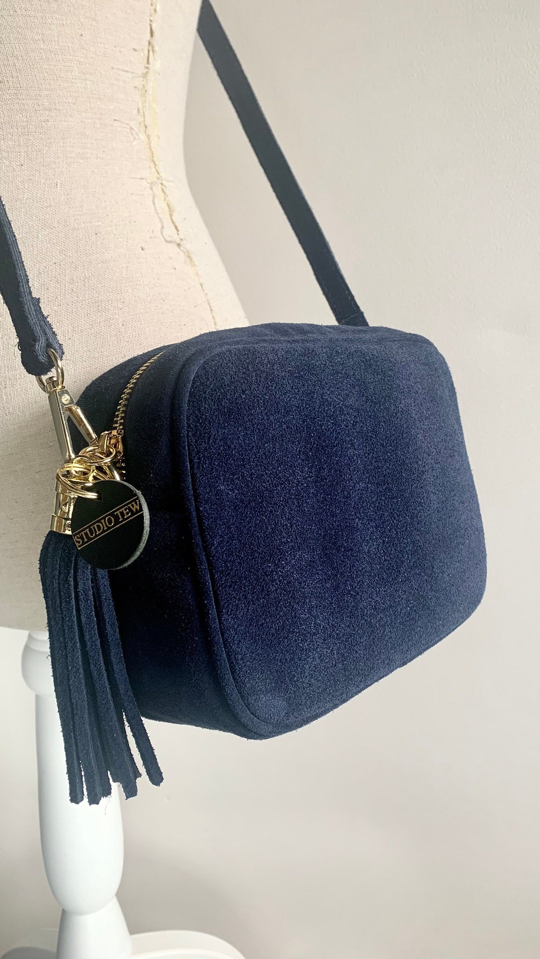 Navy Suede Crossbody Bag, Blue Suede Bag, Camera Bag, Tassel Bag