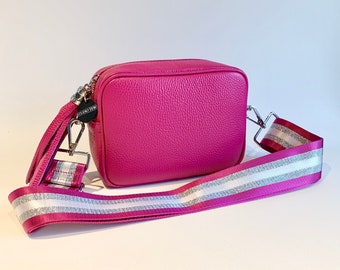 Fuchsia Leather Tassel Bag With Canvas Strap, Bright Pink Bag With Strap, Pink Crossbody Bag, Fuchsia Camera Bag, Bright Bag, Mum Gift