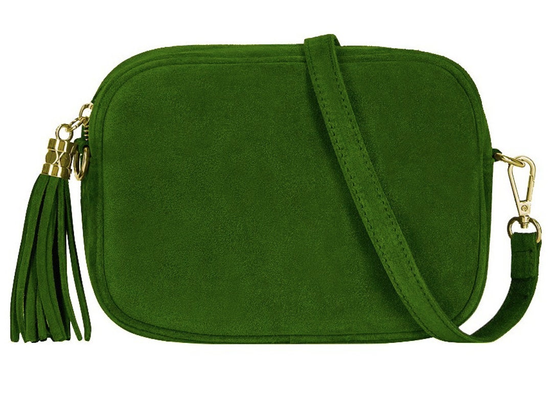 Green Suede Crossbody Bag, Suede Bag, Camera Bag, Tassel Bag, Wedding