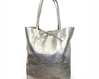 Silver Leather Tote Bag: Handmade Italian Tote - Josie