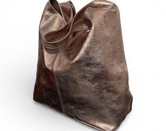 Personalised Bronze Metallic Leather Slouch Bag, Handmade Italian Shoulder Bag - Evalyn
