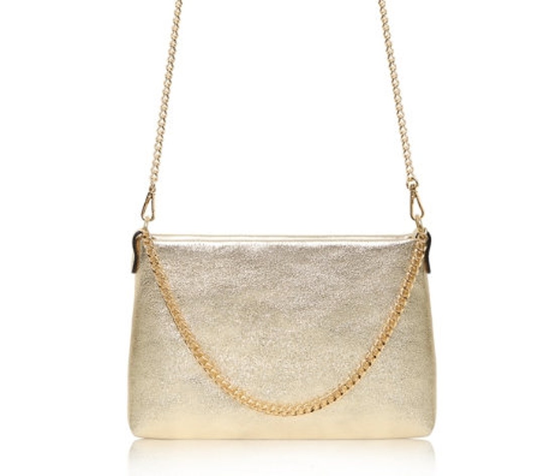 Gold Leather Crossbody Bag, Square Gold Party Bag, Womens Leather Bag