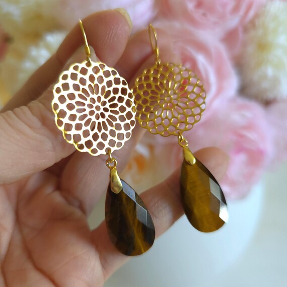 Boucles D'oreilles Pendantes Argent 925 – Œil De Tigre Véritable, Motif Mandala – Dormeuses