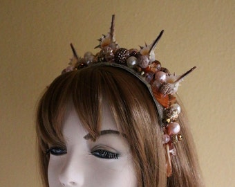 Mermaid Crown with shells, pearls, and gems in a copper to cream to pink colorway