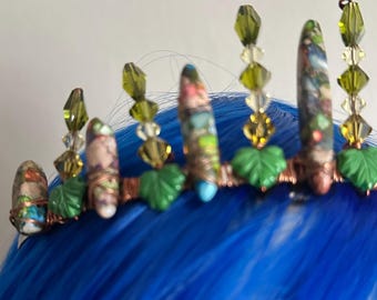 Earth Goddess Elvish Tiara with Composite Stone, Fire Polish Crystals, and Ceramic Leaves