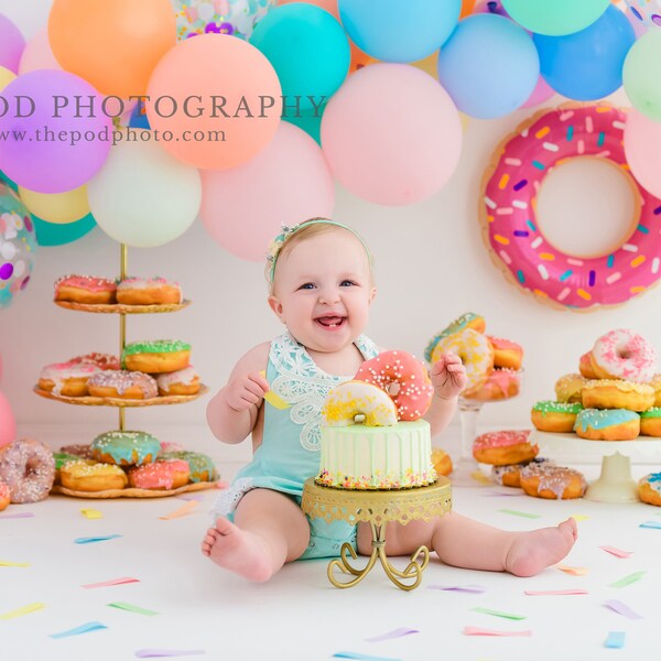 Donut Printed Photography Backdrop for First Birthday Balloons Doughnuts