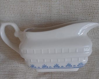 French farmhouse Blue  and white gravy boat, patterned gravy jug