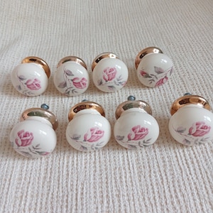 Set van 8 porseleinen roze bloemen ladeknoppen, shabby-chic decor met gouden afwerking
