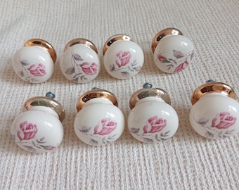 Set van 8 porseleinen roze bloemen ladeknoppen, shabby-chic decor met gouden afwerking
