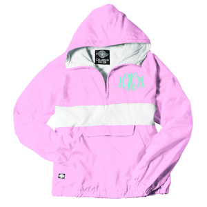 May include: A pink hooded jacket with a white stripe across the chest. The jacket has a zipper closure and a drawstring at the waist. The jacket is monogrammed with the letters "KLM" in a light blue color.