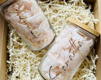 Personalized Glass Cup with Lid | Bridesmaid Gifts | Birthday Gift | Mother's Day Gift| Gift For Her | Iced Coffee Bachelorette Party Favors